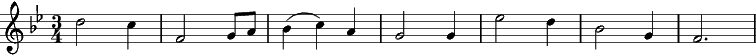 {\key bes \major \time 3/4 d2 c4| f,2 g8 a | bes4( c) a | g2 g4 | ees'2 d4 | bes2 g4 | f2. }