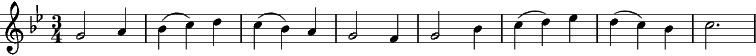 {\key bes \major \time 3/4 g2 a4| bes4( c) d | c( bes) a | g2 f4 | g2 bes4 | c( d) ees | d( c) bes | c2. }