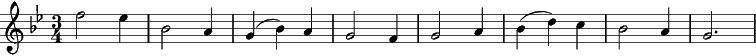 {\key bes \major \time 3/4 f2 ees4| bes2 a4 | g( bes) a | g2 f4 | g2 a4 | bes( d) c | bes2 a4 | g2. }